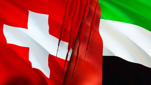 Switzerland and United Arab Emirates flags with scar concept. Waving flag,3D rendering. Switzerland and United Arab Emirates conflict concept. Switzerland United Arab Emirates relations concept