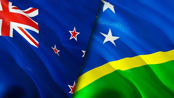 Banderas Nueva Zelanda Islas Salomón Diseño Banderas Waving Nueva Zelanda — Foto de Stock