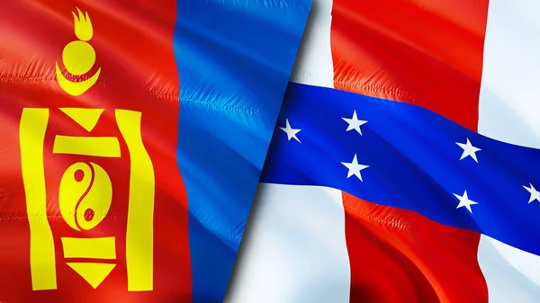 Mongolia and Netherlands Antilles flags. 3D Waving flag design. Mongolia Netherlands Antilles flag, picture, wallpaper. Mongolia vs Netherlands Antilles image,3D rendering. Mongolia Netherland