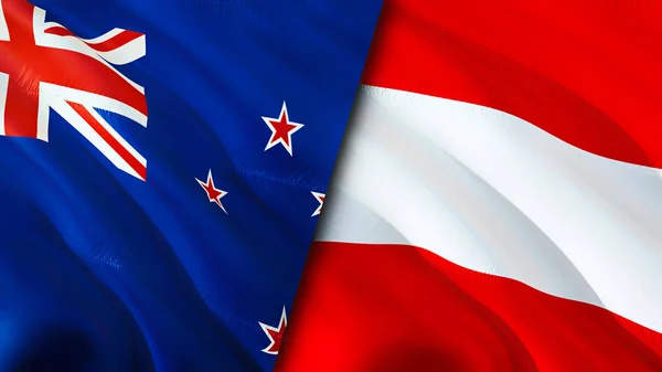 新西兰和奥地利的国旗 3D波浪旗帜设计 新西兰奥地利国旗 新西兰对奥地利的图像 3D渲染 奥地利与新西兰的关系 — 图库照片