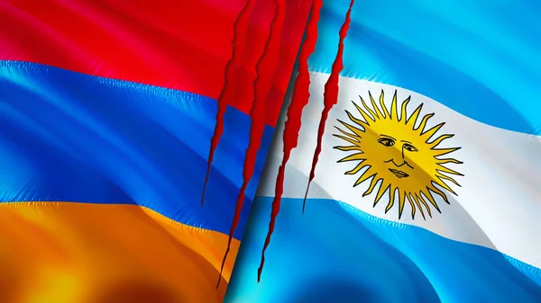 Armenia and Argentina flags with scar concept. Waving flag,3D rendering. Armenia and Argentina conflict concept. Armenia Argentina relations concept. flag of Armenia and Argentina crisis,war, attac