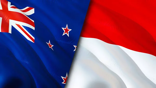 新西兰和摩纳哥的国旗 3D波浪旗帜设计 新西兰摩纳哥国旗 新西兰对摩纳哥的图像 3D渲染 新西兰 摩纳哥关系战争联盟概念 — 图库照片