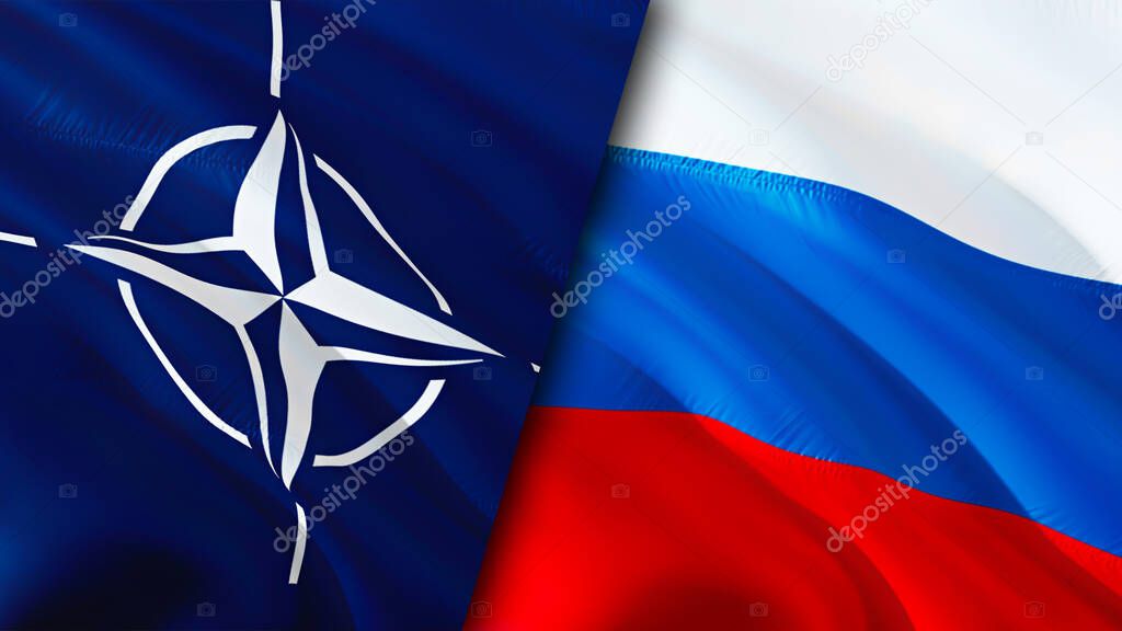 NATO and Russia flags. 3D Waving flag design. Russia NATO flag, picture, wallpaper. NATO vs Russia image,3D rendering. NATO Russia relations alliance and Trade,travel,tourism concep