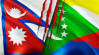 Yara izi olan Nepal ve Comoros bayrakları. Dalgalanan bayrak, 3 boyutlu görüntüleme. Nepal ve Comoros çatışma konsepti. Nepal Komoros ilişkileri kavramı. Nepal ve Komoros bayrağı krizi, savaş, saldırı konsepti