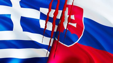 Yunanistan ve Slovakya yara izi kavramına sahip bayraklar. Dalgalanan bayrak, 3 boyutlu görüntüleme. Yunanistan ve Slovakya ihtilaf kavramı. Yunanistan Slovakya ilişkileri kavramı. Yunanistan ve Slovakya bayrağı krizi, savaş, saldırı konsepti