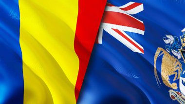 Romanya ve Tristan da Cunha bayrakları. 3 boyutlu dalgalanan bayrak tasarımı. Romanya Tristan da Cunha bayrağı, resim, duvar kağıdı. Romanya, Tristan da Cunha 'ya karşı, görüntü 3D. Romanya Tristan da Cunha ilişkisi