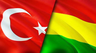 Hindi ve Bolivya bayrakları. 3 boyutlu dalgalanan bayrak tasarımı. Hindi Bolivya bayrağı, resim, duvar kağıdı. Türkiye, Bolivya 'ya karşı görüntü, 3D görüntüleme. Türkiye Bolivya ilişkileri ittifak ve ticaret, seyahat, turizm consepti