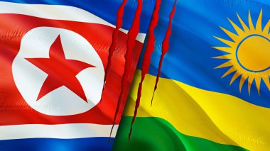 Kuzey Kore ve Ruanda bayraklarında yara izi var. Dalgalanan bayrak, 3 boyutlu görüntüleme. Kuzey Kore ve Ruanda çatışma konsepti. Kuzey Kore Ruanda ilişkileri kavramı. Kuzey Kore bayrağı ve Ruanda krizi, savaş