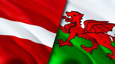 Letonya ve Galler bayrakları. 3 boyutlu dalgalanan bayrak tasarımı. Letonya bayrağı, resim, duvar kağıdı. Letonya Galler 'e karşı, görüntü 3 boyutlu. Letonya Galler ilişkileri ittifak ve ticaret, seyahat, turizm konsepti