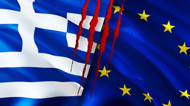 Yunanistan ve Avrupa Birliği yara izi kavramına sahip bayraklar. Dalgalanan bayrak, 3 boyutlu görüntüleme. Yunanistan ve Avrupa Birliği çatışma konsepti. Yunanistan Avrupa Birliği ilişkileri kavramı. Yunanistan ve Avrupa Unio bayrağı