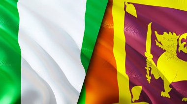 Nijerya ve Sri Lanka bayrakları. 3 boyutlu dalgalanan bayrak tasarımı. Nijerya Sri Lanka bayrağı, resim, duvar kağıdı. Nijerya, Sri Lanka 'ya karşı, görüntü 3 boyutlu. Nijerya Sri Lanka ilişkileri ittifak ve ticaret, seyahat, turnuva