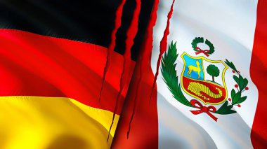 Almanya ve Peru yara izi kavramına sahip bayraklar. Dalgalanan bayrak, 3 boyutlu görüntüleme. Almanya ve Peru çatışma konsepti. Almanya Peru ilişkileri kavramı. Almanya bayrağı ve Peru krizi, savaş, saldırı konsepti
