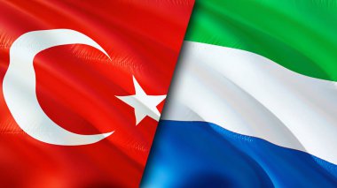 Türkiye ve Sierra Leone bayrakları. 3 boyutlu dalgalanan bayrak tasarımı. Hindi Sierra Leone bayrağı, resim, duvar kağıdı. Türkiye, Sierra Leone 'ye karşı, görüntü 3D. Türkiye Sierra Leone ilişkileri bir ittifak