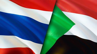 Tayland ve Sudan bayrakları. 3 boyutlu dalgalanan bayrak tasarımı. Tayland Sudan bayrağı, resim, duvar kağıdı. Tayland, Sudan 'a karşı, görüntü 3 boyutlu. Tayland Sudan ilişkileri ittifak ve ticaret, seyahat, turizm konsepti