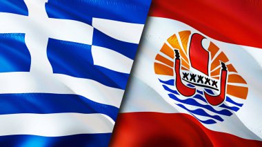 Yunanistan ve Fransız Polinezyası bayrakları. 3 boyutlu dalgalanan bayrak tasarımı. Yunanistan Fransız Polinezya bayrağı, resim, duvar kağıdı. Yunanistan, Fransız Polinezyası 'na karşı, görüntü 3 boyutlu. Yunanistan Fransız Polinezyası ilişkileri ittifakı