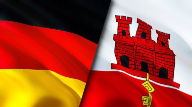 Almanya ve Cebelitarık bayrakları. 3 boyutlu dalgalanan bayrak tasarımı. Almanya Cebelitarık bayrağı, resim, duvar kağıdı. Almanya, Cebelitarık 'a karşı, görüntü 3 boyutlu. Almanya Cebelitarık ilişkileri ittifak ve ticaret, seyahat, turnuva