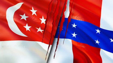 Singapur ve Hollanda Antilleri yara izi olan bayraklar. Dalgalanan bayrak, 3 boyutlu görüntüleme. Singapur ve Hollanda Antilleri çatışma konsepti. Singapur Hollanda Antiller ilişkileri kavramı. bayrak o