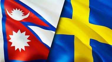 Nepal ve İsveç bayrakları. 3 boyutlu dalgalanan bayrak tasarımı. Nepal İsveç bayrağı, resim, duvar kağıdı. Nepal, İsveç 'e karşı imajı, 3 boyutlu görüntüleme. Nepal İsveç ilişkileri ittifak ve ticaret, seyahat, turizm konsepti