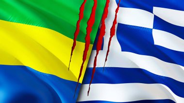 Gabon ve Yunanistan yara izi kavramına sahip bayraklar. Dalgalanan bayrak, 3 boyutlu görüntüleme. Gabon ve Yunanistan çatışma konsepti. Gabon Yunanistan ilişkileri kavramı. Gabon ve Yunanistan bayrağı kriz, savaş, saldırı konsepti