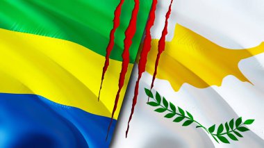 Gabon ve Kıbrıs bayrakları yara izi konseptiyle. Dalgalanan bayrak, 3 boyutlu görüntüleme. Gabon ve Kıbrıs çatışma konsepti. Gabon Kıbrıs ilişkileri kavramı. Gabon bayrağı ve Kıbrıs krizi, savaş, saldırı konsepti