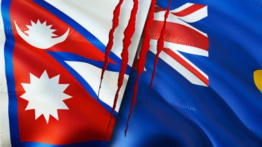 Nepal ve Saint Helena bayrakları ve yara izi konsepti. Dalgalanan bayrak, 3 boyutlu görüntüleme. Nepal ve Saint Helena çatışma konsepti. Nepal Saint Helena ilişkileri kavramı. Nepal bayrağı ve Saint Helena krizi, savaş