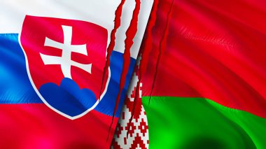 Slovakya ve Belarus yara izi olan bayraklar. Dalgalanan bayrak, 3 boyutlu görüntüleme. Slovakya ve Belarus çatışma konsepti. Slovakya Belarus ilişkileri kavramı. Slovakya bayrağı ve Belarus krizi, savaş, attac