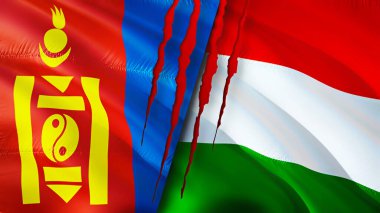 Yara izi olan Moğolistan ve Macaristan bayrakları. Dalgalanan bayrak, 3 boyutlu görüntüleme. Moğolistan ve Macaristan çatışma konsepti. Moğolistan Macaristan ilişkileri kavramı. Moğolistan ve Macaristan bayrağı krizi, savaş, attac