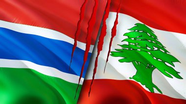 Gambiya ve Lübnan bayraklarında yara izi var. Dalgalanan bayrak, 3 boyutlu görüntüleme. Gambiya ve Lübnan çatışma konsepti. Gambiya Lübnan ilişkileri kavramı. Gambiya ve Lübnan bayrağı krizi, savaş, saldırı konsepti