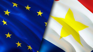 Avrupa Birliği ve Saba Adası bayrakları. 3 boyutlu dalgalanan bayrak tasarımı. Avrupa Birliği Saba Adası bayrağı, resim, duvar kağıdı. Avrupa Birliği, Saba Adası 'na karşı, görüntü 3D. Avrupa Birliği Saba Adası