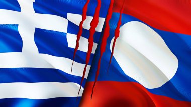 Yunanistan ve Laos yara izi kavramına sahip bayraklar. Dalgalanan bayrak, 3 boyutlu görüntüleme. Yunanistan ve Laos çatışma konsepti. Yunanistan Laos ilişkileri kavramı. Yunanistan bayrağı ve Laos krizi, savaş, saldırı konsepti