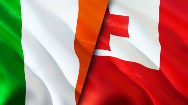 İrlanda ve Tonga bayrakları. 3 boyutlu dalgalanan bayrak tasarımı. İrlanda Tonga bayrağı, resim, duvar kağıdı. İrlanda, Tonga 'ya karşı, görüntü 3 boyutlu. İrlanda Tonga ilişkileri savaş ittifakı kavramı. Ticaret, turizm konsepti.