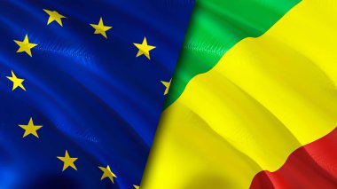 Avrupa Birliği ve Kongo bayrakları. 3 boyutlu dalgalanan bayrak tasarımı. Avrupa Birliği Kongo bayrağı, resim, duvar kağıdı. Avrupa Birliği, Kongo 'ya karşı imaj, 3D görüntüleme. Avrupa Birliği Kongo ilişkileri ittifakı