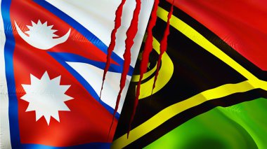 Yara izi olan Nepal ve Vanuatu bayrakları. Dalgalanan bayrak, 3 boyutlu görüntüleme. Nepal ve Vanuatu çatışma konsepti. Nepal Vanuatu ilişkileri kavramı. Nepal ve Vanuatu bayrağı krizi, savaş, saldırı konsepti