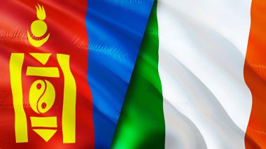 Moğolistan ve İrlanda bayrakları. 3 boyutlu dalgalanan bayrak tasarımı. Moğolistan İrlanda bayrağı, resim, duvar kağıdı. Moğolistan, İrlanda 'ya karşı, görüntü 3D. Moğolistan İrlanda ilişkileri ittifak ve ticaret, seyahat, turnuva