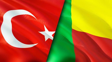 Hindi ve Benin bayrakları. 3 boyutlu dalgalanan bayrak tasarımı. Hindi Benin bayrağı, resim, duvar kağıdı. Türkiye, Benin 'e karşı, görüntü 3 boyutlu. Türkiye Benin ilişkileri ittifak ve ticaret, seyahat ve turizm konsepti