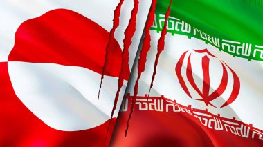 Grönland ve İran bayraklarında yara izi var. Dalgalanan bayrak, 3 boyutlu görüntüleme. Grönland ve İran çatışma konsepti. Grönland İran ilişkileri kavramı. Grönland ve İran bayrağı krizi, savaş, saldırı konsepti