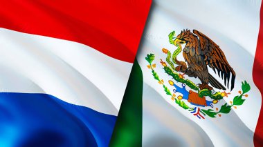 Hollanda ve Meksika bayrakları. 3 boyutlu dalgalanan bayrak tasarımı. Hollanda Meksika bayrağı, resim, duvar kağıdı. Hollanda, Meksika imajına karşı, 3D görüntüleme. Hollanda Meksika ilişkileri ittifakı