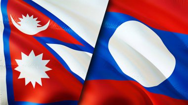Nepal ve Laos bayrakları. 3 boyutlu dalgalanan bayrak tasarımı. Nepal Laos bayrağı, resim, duvar kağıdı. Nepal, Laos 'a karşı görüntüsü, 3D görüntüleme. Nepal Laos ilişkileri ittifak ve ticaret, seyahat, turizm konsepti
