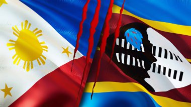 Yara izi olan Filipinler ve Eswatini bayrakları. Dalgalanan bayrak, 3 boyutlu görüntüleme. Filipinler ve Eswatini çatışma konsepti. Filipinler Eswatini ilişkileri kavramı. Filipinler ve Eswatin bayrağı