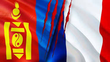 Moğolistan ve Fransa yara izi olan bayraklar. Dalgalanan bayrak, 3 boyutlu görüntüleme. Moğolistan ve Fransa çatışma konsepti. Moğolistan Fransa ilişkileri. Moğolistan ve Fransa bayrağı krizi, savaş, saldırı konsepti