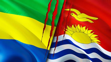 Gabon ve Kiribati yara izi olan bayraklar. Dalgalanan bayrak, 3 boyutlu görüntüleme. Gabon ve Kiribati çatışma konsepti. Gabon Kiribati ilişkileri kavramı. Gabon ve Kiribati bayrağı krizi, savaş, saldırı konsepti