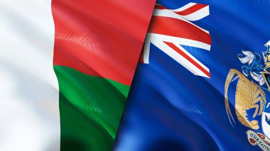 Madagaskar ve Tristan da Cunha bayrakları. 3 boyutlu dalgalanan bayrak tasarımı. Madagaskar Tristan da Cunha bayrağı, resim, duvar kağıdı. Madagaskar, Tristan da Cunha 'ya karşı, görüntü 3 boyutlu. Madagaskar Tristan da Cunh