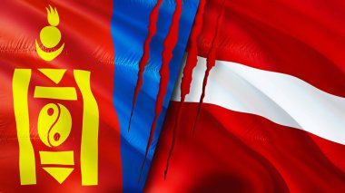 Yara izi olan Moğolistan ve Letonya bayrakları. Dalgalanan bayrak, 3 boyutlu görüntüleme. Moğolistan ve Letonya çatışma konsepti. Moğolistan Letonya ilişkileri kavramı. Moğolistan ve Letonya bayrağı krizi, savaş, saldırı konsepti