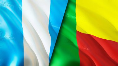 Guatemala ve Benin bayrakları. 3 boyutlu dalgalanan bayrak tasarımı. Guatemala Benin bayrağı, resim, duvar kağıdı. Guatemala, Benin 'e karşı, görüntü 3D. Guatemala Benin ilişkileri savaş ittifakı kavramı. Ticaret, turnuva.
