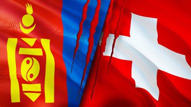 Yara izi olan Moğolistan ve İsviçre bayrakları. Dalgalanan bayrak, 3 boyutlu görüntüleme. Moğolistan ve İsviçre çatışma konsepti. Moğolistan İsviçre ilişkileri kavramı. Moğolistan ve İsviçre bayrağı