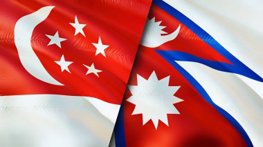 Singapur ve Nepal bayrakları. 3 boyutlu dalgalanan bayrak tasarımı. Singapur Nepal bayrağı, resim, duvar kağıdı. Singapur, Nepal imajına karşı, 3D görüntüleme. Singapur Nepal ilişkileri ittifak ve ticaret, seyahat, turizm konsepti