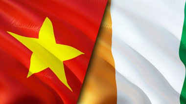 Vietnam ve Fildişi Sahili yara izi olan bayraklar. Dalgalanan bayrak, 3 boyutlu görüntüleme. Vietnam ve Fildişi Sahili çatışma konsepti. Vietnam Fildişi Sahili İlişkileri konsepti. Vietnam bayrağı ve Fildişi Sahili