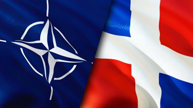 NATO ve Dominik Cumhuriyeti bayrakları. 3 boyutlu dalgalanan bayrak tasarımı. Dominik Cumhuriyeti NATO bayrağı, resim, duvar kağıdı. NATO, Dominik Cumhuriyeti 'ne karşı, görüntü 3D. NATO Dominik Cumhuriyeti ilişkileri ittifakı