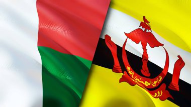 Madagaskar ve Brunei bayrakları. 3 boyutlu dalgalanan bayrak tasarımı. Madagaskar Brunei bayrağı, resim, duvar kağıdı. Madagaskar Brunei 'ye karşı 3 boyutlu görüntü. Madagaskar Brunei ilişkileri ittifak ve ticaret, seyahat, turnuva