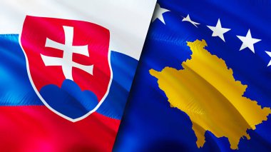 Slovakya ve Kosova bayrakları. 3 boyutlu dalgalanan bayrak tasarımı. Slovakya Kosova bayrağı, resim, duvar kağıdı. Slovakya, Kosova 'nın imajına karşı, 3D görüntüleme. Slovakya Kosova ilişkileri ittifak ve Ticaret, seyahat ve turizm consepti